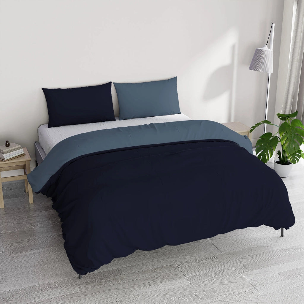 Copripiumino Piazza E Mezza con Sacco e Federe in Tinta Unita Double Face Linea Zoe Blu Mare e Blu