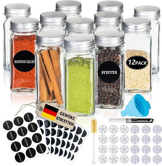 Set di 12 contenitori di erbe con coperchio a vite, kit di erbe con etichette, cucchiaio, spazzola per pulizia, pennello, compatibili con i nostri 4 ripiani per erbe, contenitore di polvere 120ml, 10,5x4,3cm