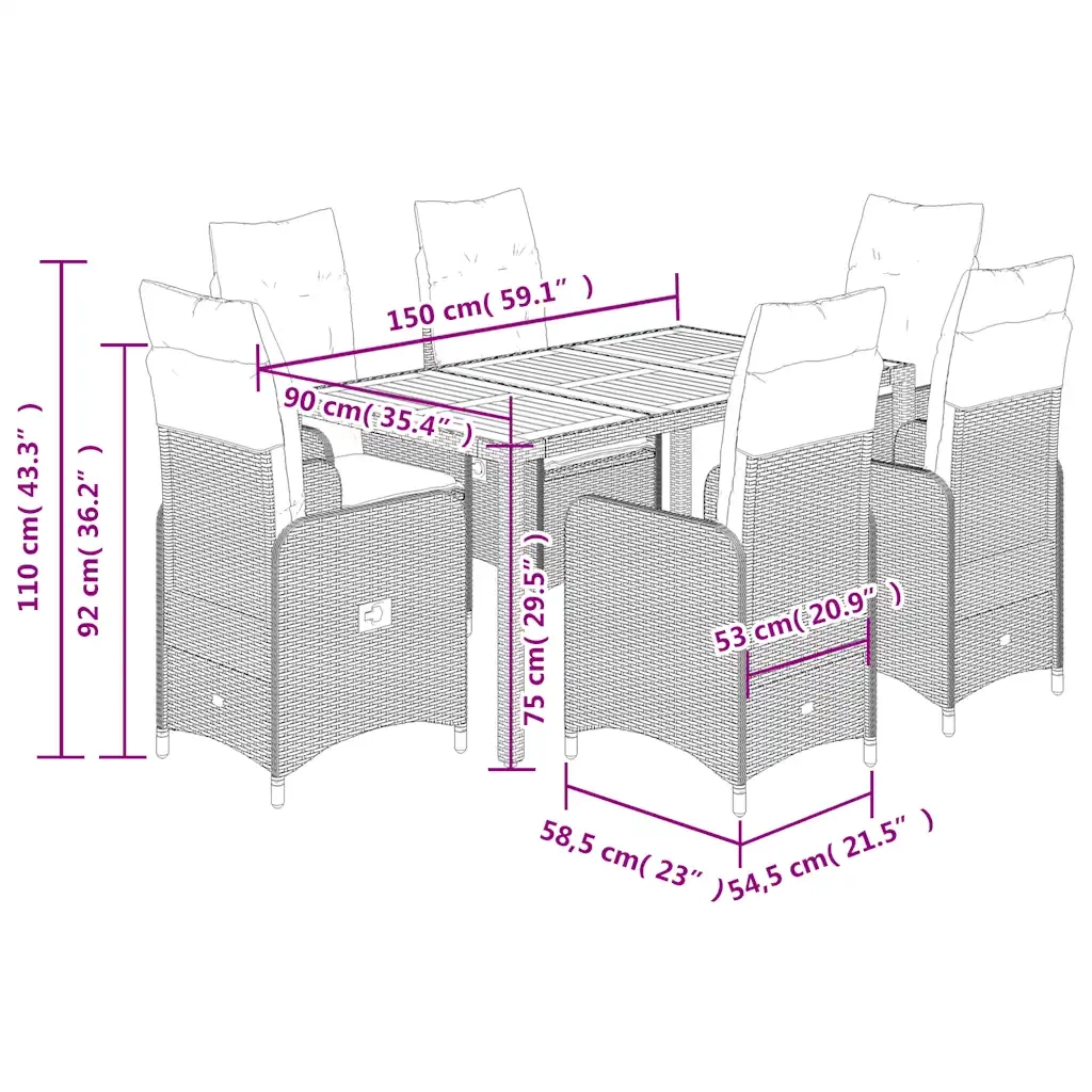 Set BistrÃ² da Giardino 7 pz con Cuscini in Polyrattan Grigio