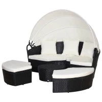 Set 4 Pzi Divano Circolare da Giardino, Mobili Componibili Rattan Nero, Tettuccio e Cuscini Beige 180x175x147cm