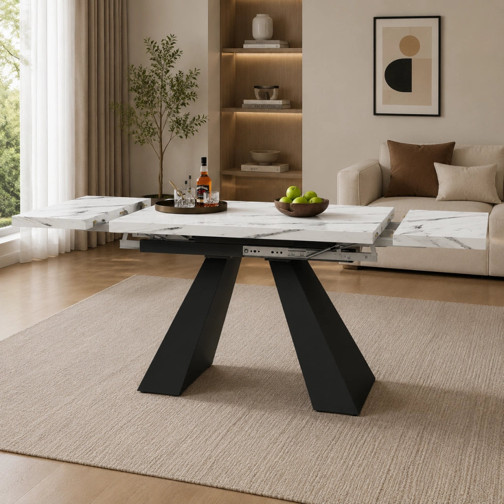 Tavolo da pranzo allungabile 99-159x74x77 cm con piano in MDF effetto marmo; bianco e nero
