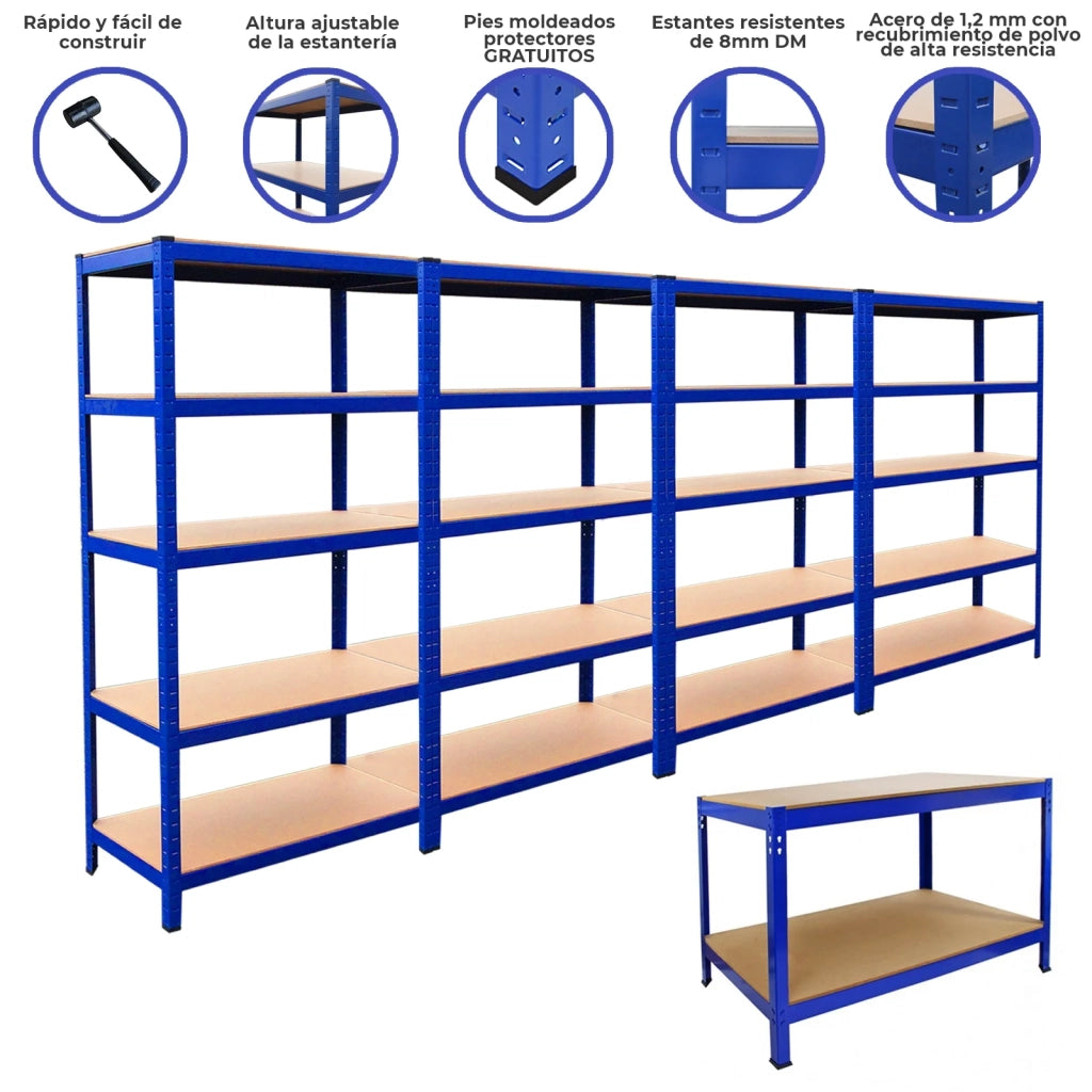 4 Scaffali T-Rax 90x45x180cm & Banco da Lavoro in Acciaio Senza Bulloni - Blu