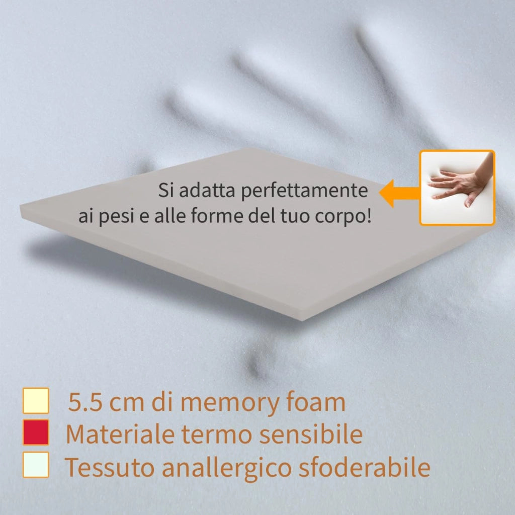 Topper memory singolo 85x200  per Materasso in Memory Foam 5,5 cm - Correttore per materassi rigidi, Certificato - Made in Italy, NEW LIFE