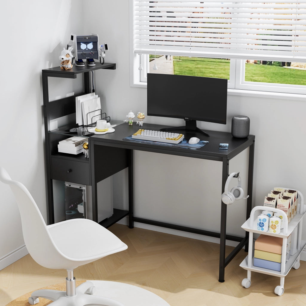 Scrivania per Computer con Ripiani e Presa USB ¨C MINIMAL ¨C Nero