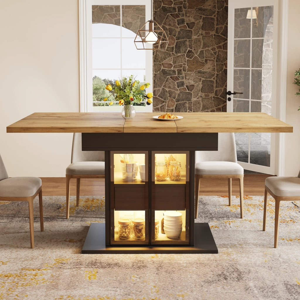 Tavolo da pranzo allungabile con 2 cassetti ripiani regolabili ante in vetro e LED RGB per cucina e sala da pranzo nero