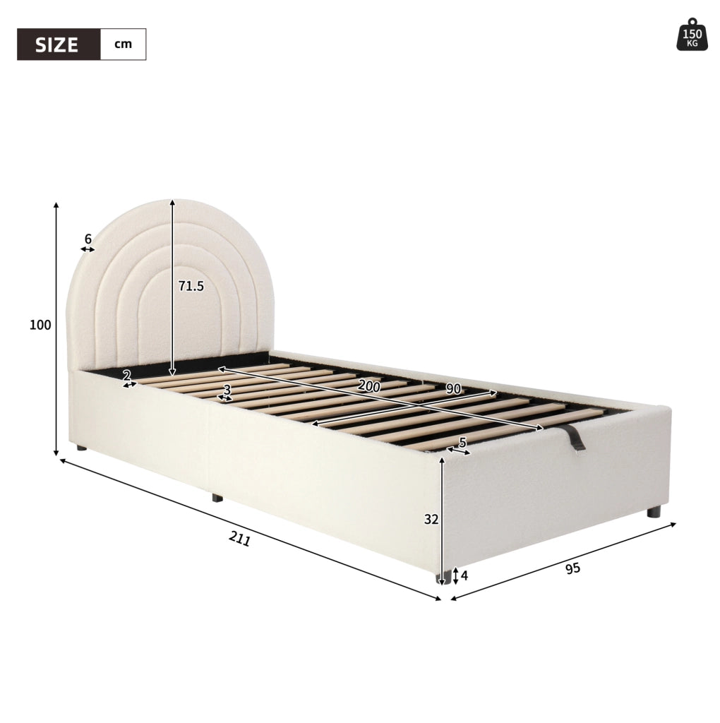 Letto singolo 90x200 cm con contenitore idraulico; tessuto bouclé beige