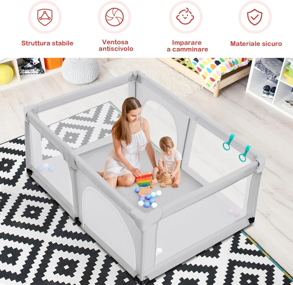 Box per Bambini, Centro Attività Portatile e Sicuro per Bambini, Box Colorato con Cancello, Recinto Extra per Interno ed Esterno con Rete Traspirante Durevole (Grigio)