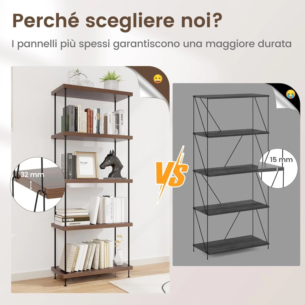 Scaffale Multiuso a 2/3/4/5 Ripiani, Libreria Autoportante con Struttura in Metallo, Stile Industriale, per Camera da Letto, Soggiorno Ufficio Studio (5 Livelli 60x29,5x147 cm)
