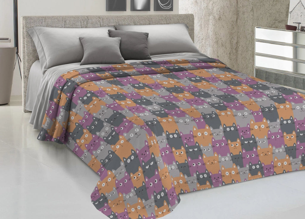 Copriletto Piquet Primavera Estate 100% Cotone Disegno Happy Cat - Singolo - Arancio