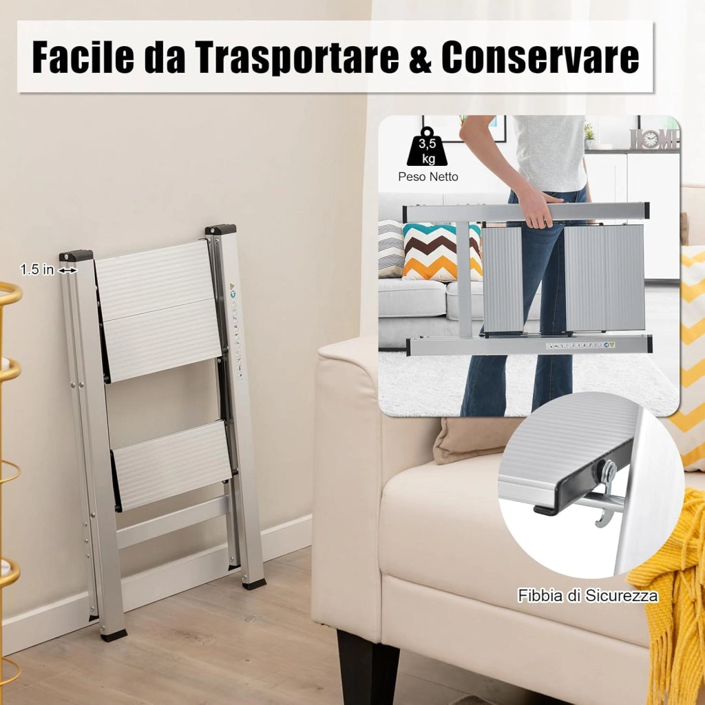 Scala Pieghevole in Alluminio a 2 Gradini, Scaletta Salvaspazio con Fibbia di Sicurezza, Ampi Pedali e Piedini Antiscivolo, Telaio in Alluminio Robusto e Leggero, Portata 150kg