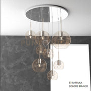 SOSP. BIANCO TONDA 8 LUCI VETRI (1 GRANDE+2 MEDIO +5 PICCOLO) TUTTI AMBRA 1155BI-S8 TMIX-AM