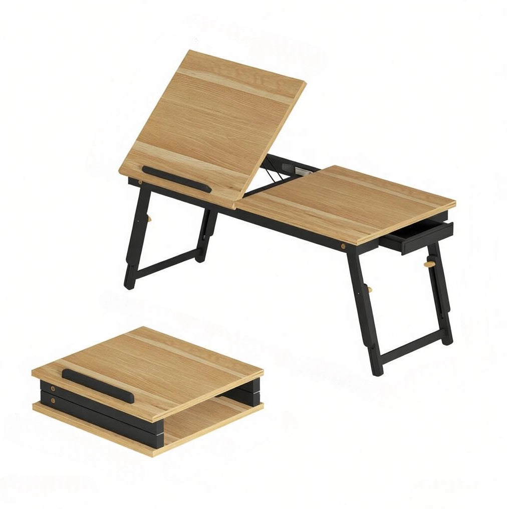 Tavolino per laptop pieghevole regolabile con cassetto; bambù e MDF; rovere e nero