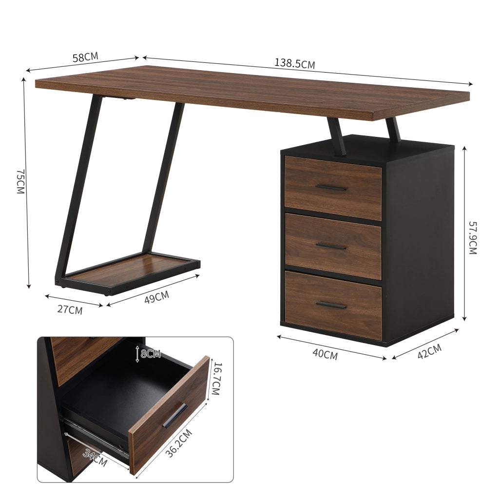Scrivania lineare con 3 cassetti e organizer con supporto unità centrale per ufficio e studio marrone scuro 135.5 × 58 × 75 cm