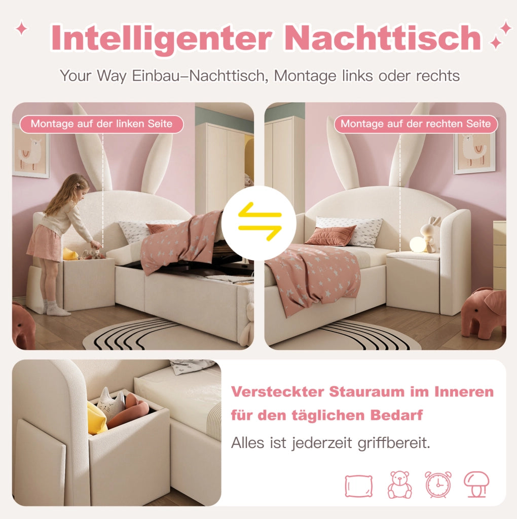 Letto singolo imbottito 90x190 cm beige con comodino