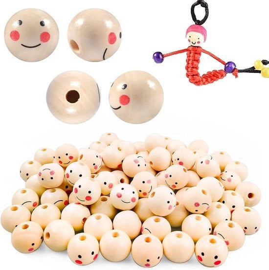 60 pezzi di perline in legno per il viso, perline creative a forma rotonda in legno, perline in legno con viso, grandi perline naturali in legno, per il realizzare gioielli, accessori, decorazioni