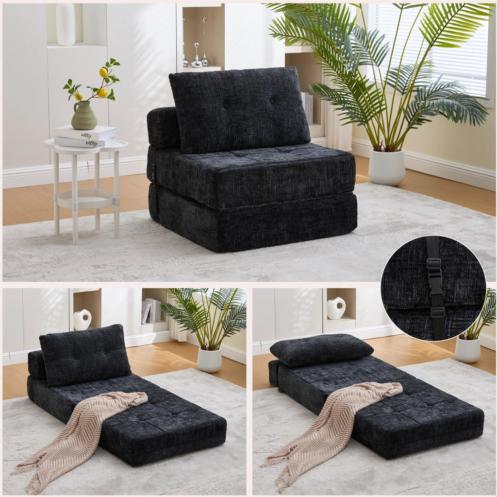 Divano letto pieghevole 79x180 cm in chenille nero con cuscini testa e lombari