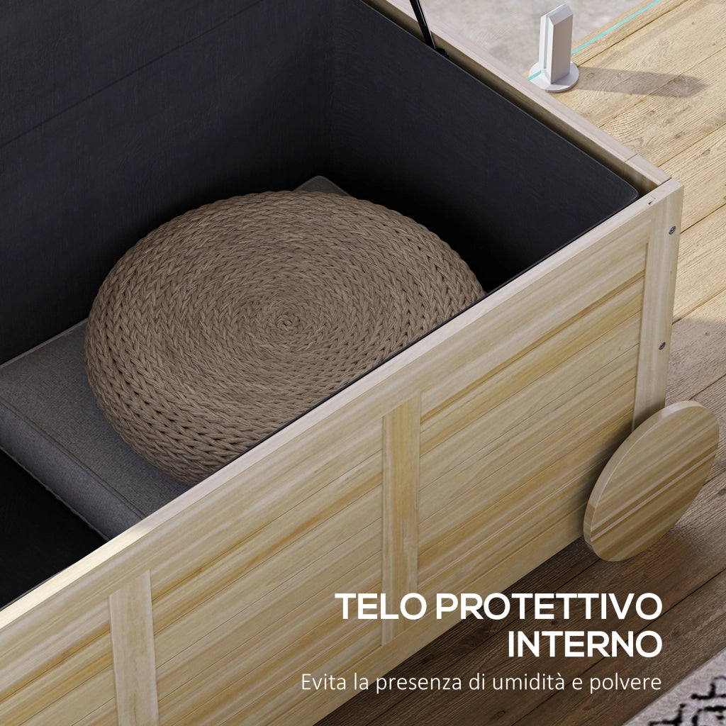 Baule Cassapanca da Esterno 110x50x50 cm a 2 Ruote con Telo Interno in Legno di Abete