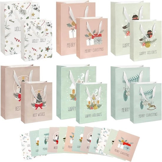 Set di 12 sacchetti di regalo per Natale, 6 grandi + 6 piccoli con biglietti di auguri