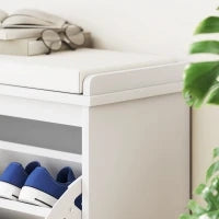 Panca Scarpiera con Ripiano Interno, in Legno e Tessuto Effetto Lino, 80x26x47.5 cm, Bianca e Beige