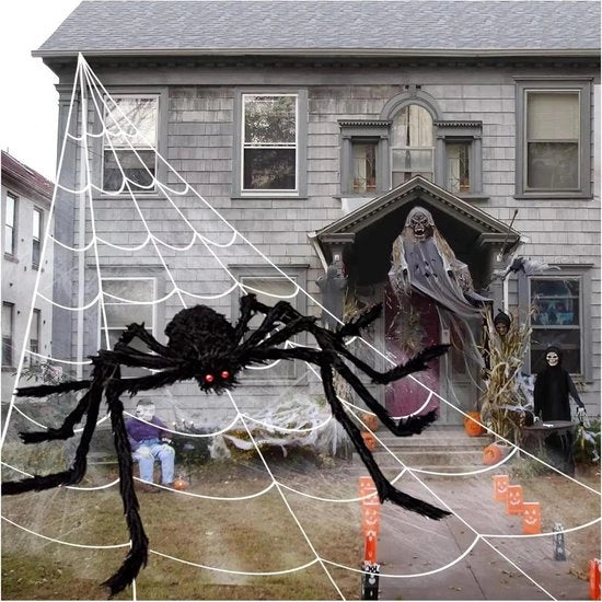 Decorazione da Halloween - Ragnatela 500 cm con ragno enorme - 20 ragno mini - Esterno giardino Halloween