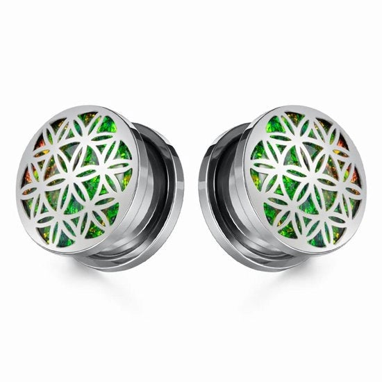Punta per piercing in acciaio inox vintage con boora a sfera opalescente e cassettino di espansione per orecchini, dimensioni 0g/1" (8 mm/25 mm)