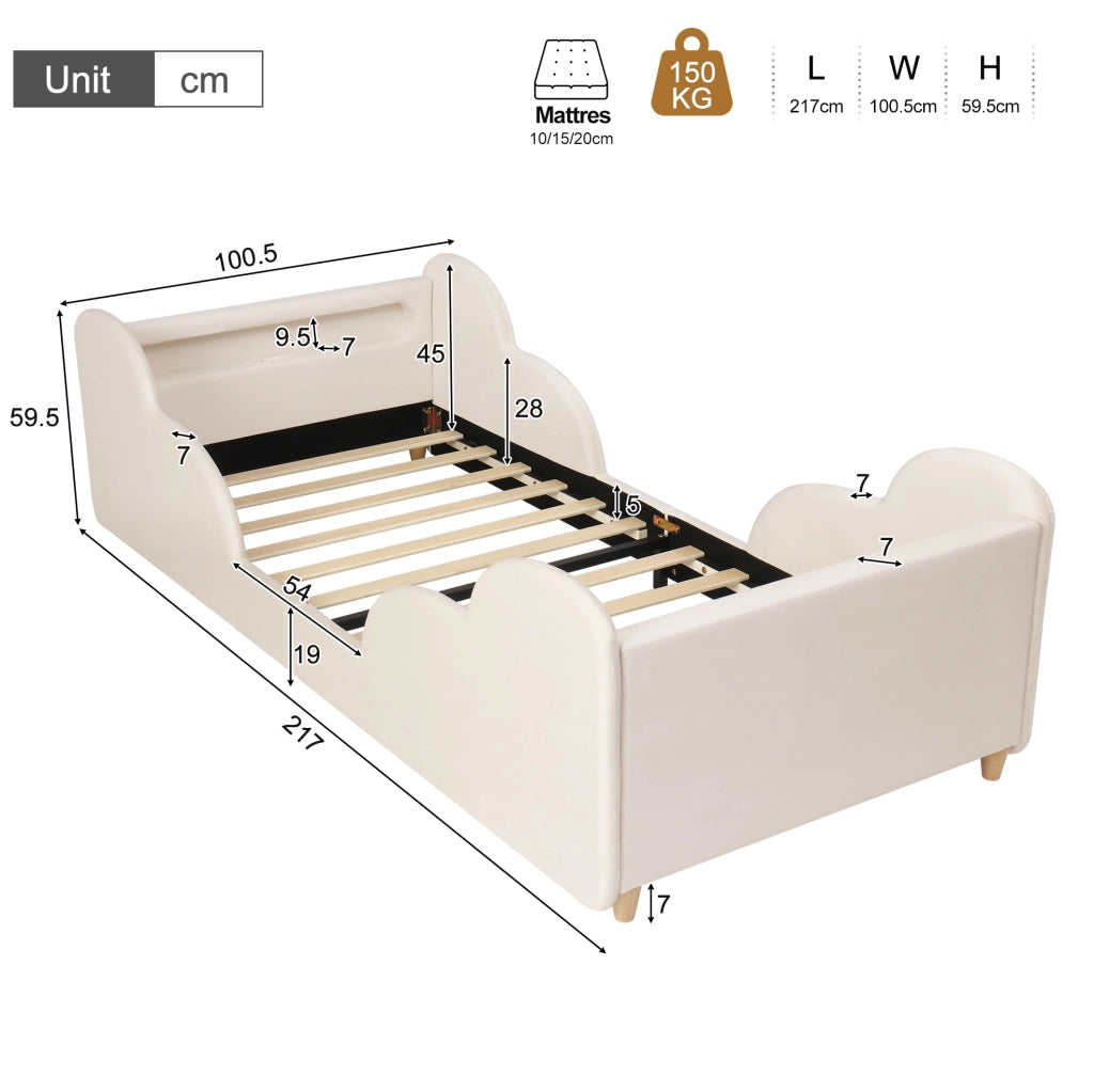 Letto per bambini 90x200 cm con sponde imbottite; luce notturna; USB C; velluto beige