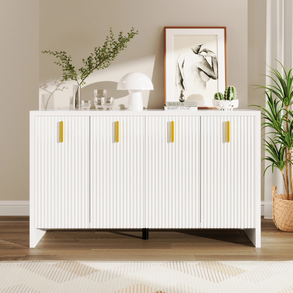 Madia con 4 Ante e Ripiani Regolabili; Maniglie Dorate; Stile Moderno; in Pannelli Truciolari; 140??38??80 cm; Bianco