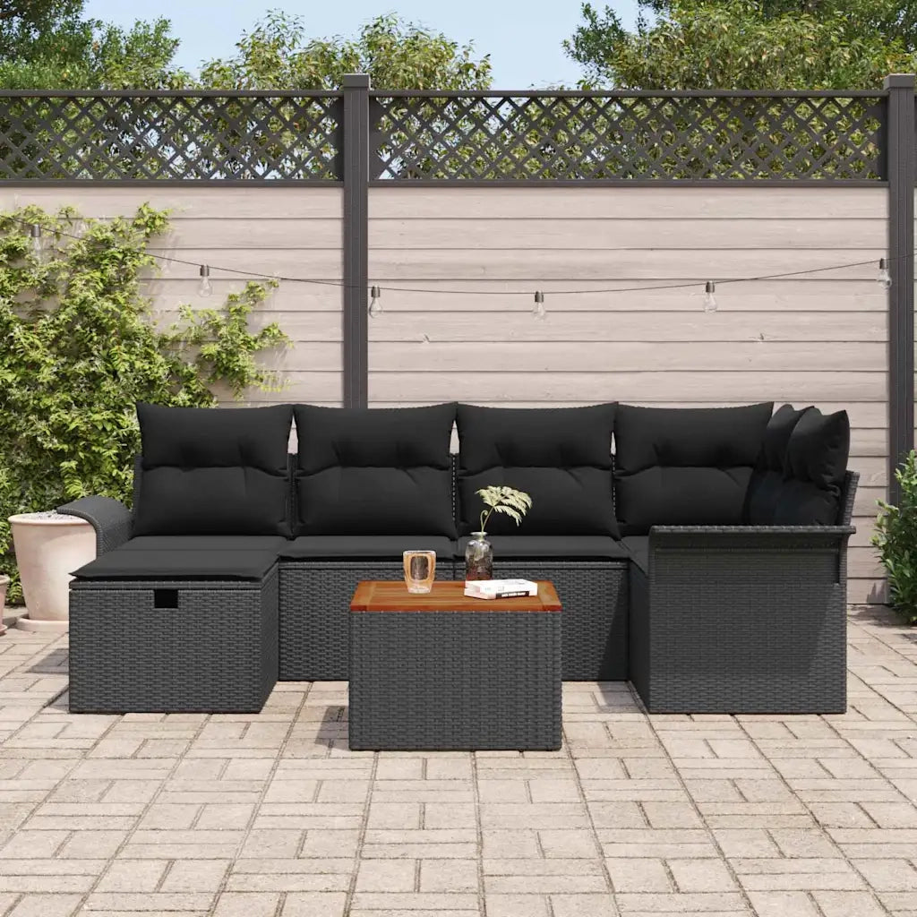Set Divano da Giardino con cuscino 7 pcs Nero polyrattan