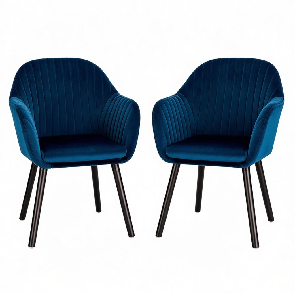 Coppia di sedie imbottite con braccioli in velluto nero e blu, confortevoli e resistenti