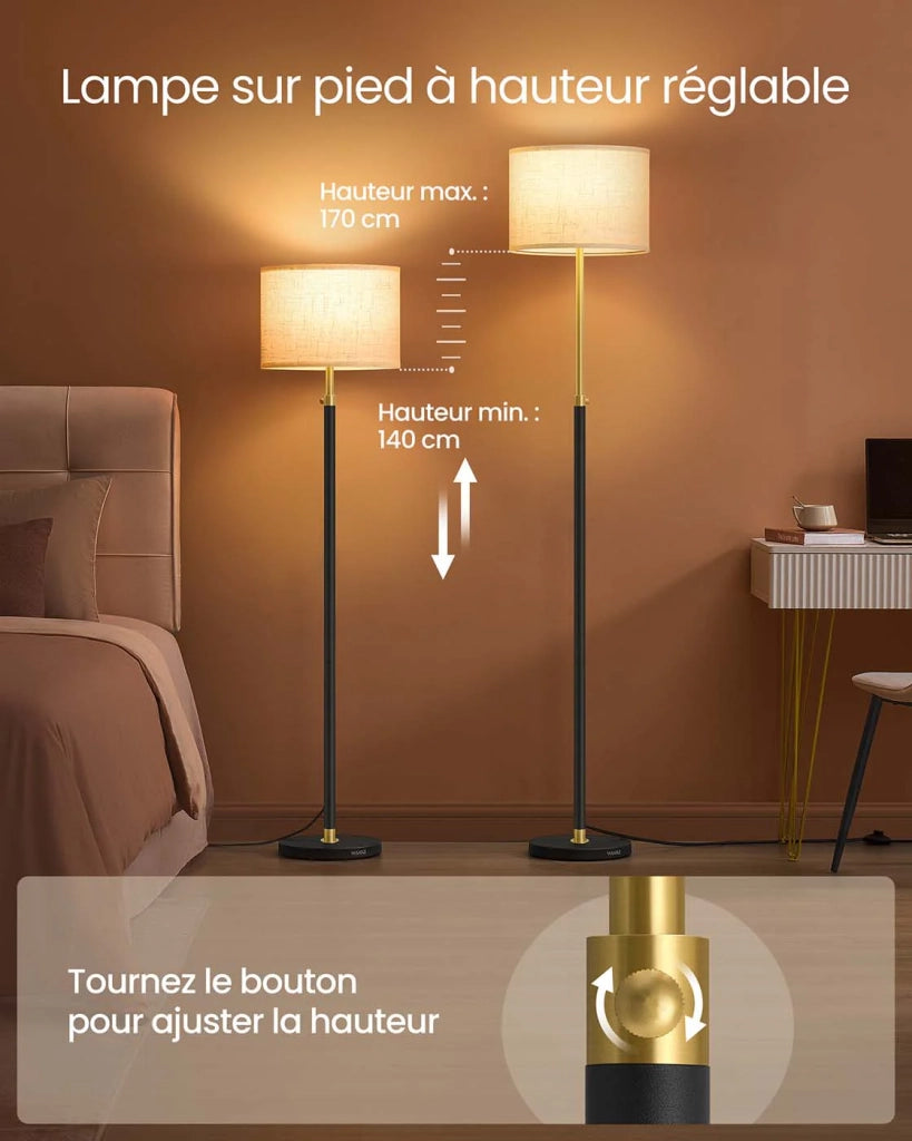 Lampada da terra altezza regolabile da 140 a 170 cm stile moderno interruttore a pedale paralume in tessuto attacco E27 oro e nero 12_0006123