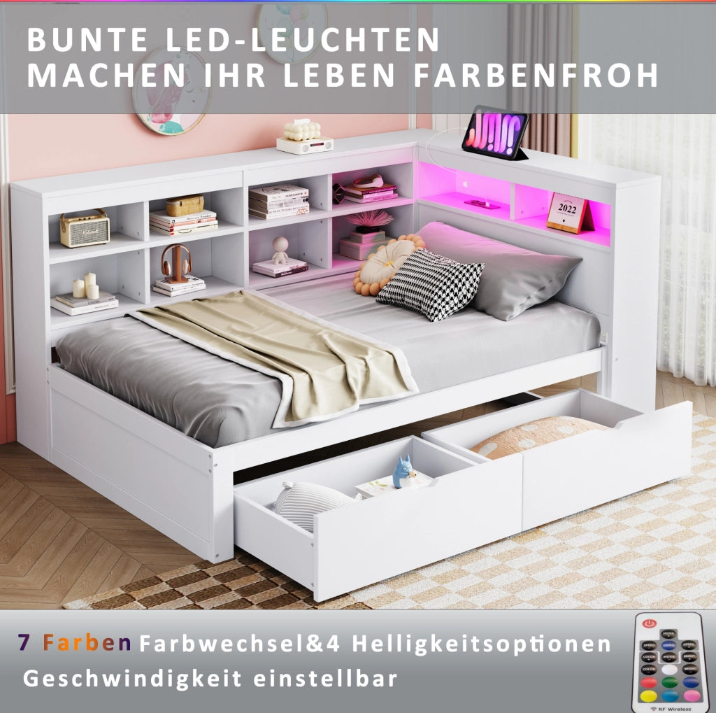 Divano letto multifunzionale in legno massello 90x200 cm con LED; USB e vani portaoggetti; bianco