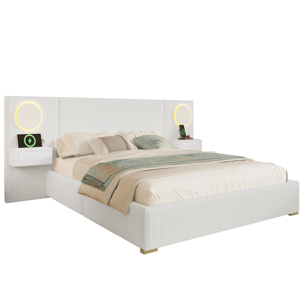Letto Matrimoniale 180x200 cm con LED; USB e cassetti ai lati; in Velluto Beige