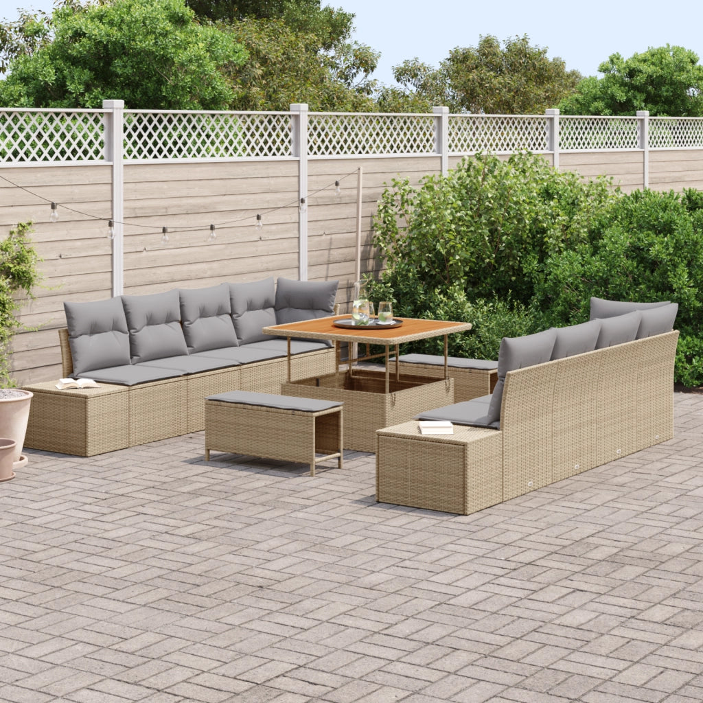 Set divano da giardino in 11 pezzi con cuscini beige polyrattan acacia