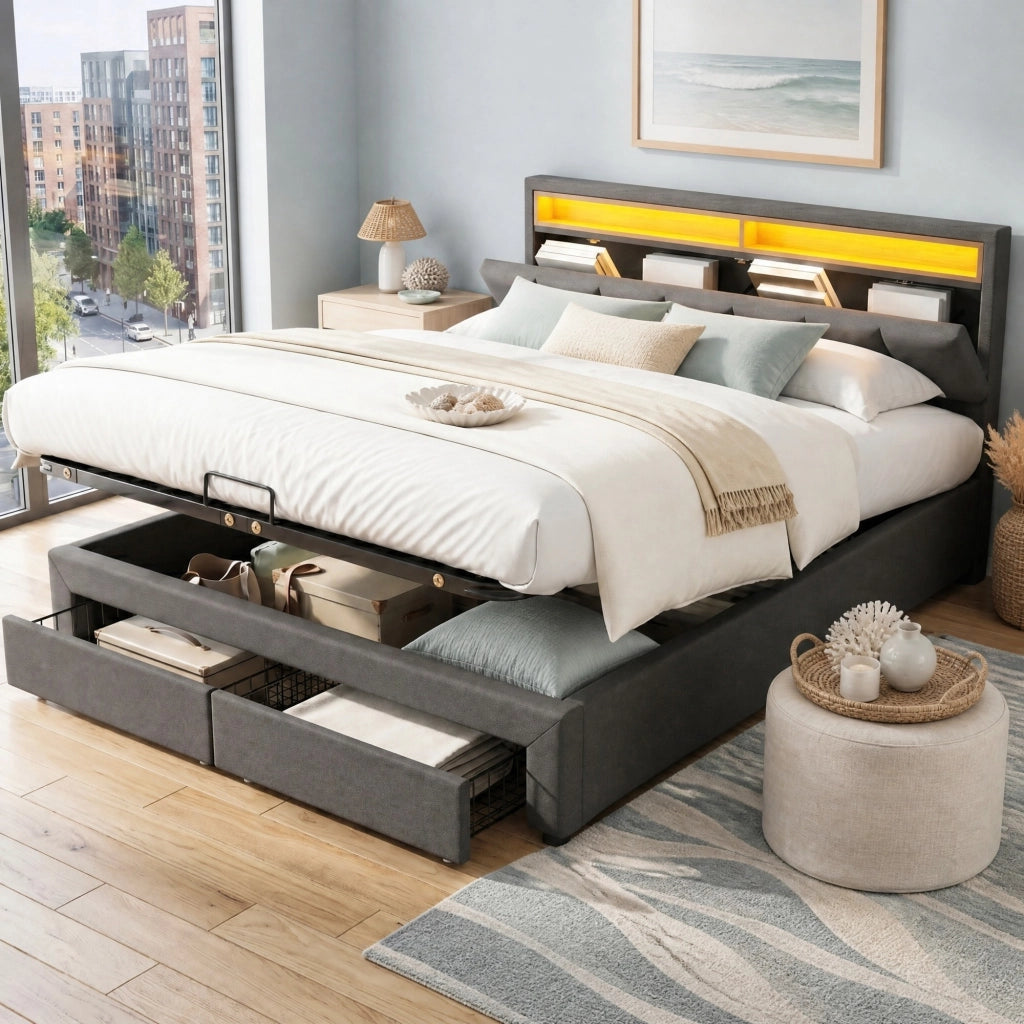LETTO imbottito 180x200 cm in lino grigio scuro con illuminazione LED