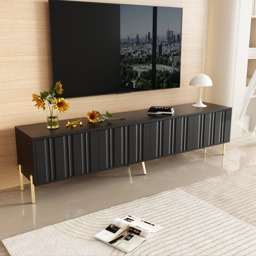 Mobile TV con 4 Ante e 8 Ripiani; Ante a Doghe Verticali; Piedini Dorati 15 cm; in MDF e Pannello Truciolare; Nero; 190??38??48 cm