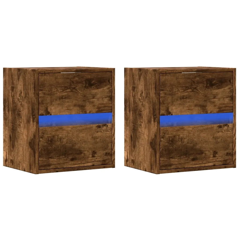 vidaXL Comodini a Parete con luci LED 2 pz Rovere Fumo