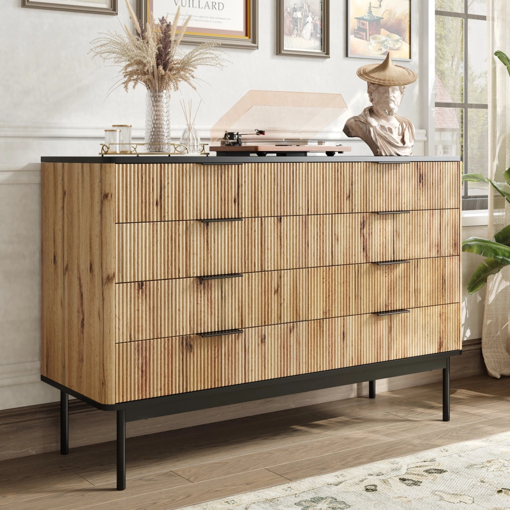 Credenza con 5 Cassetti; Rilievo Verticale; Piano Nero; Stile Moderno Nordico; in MDF; Naturale; 120??39;5??80 cm