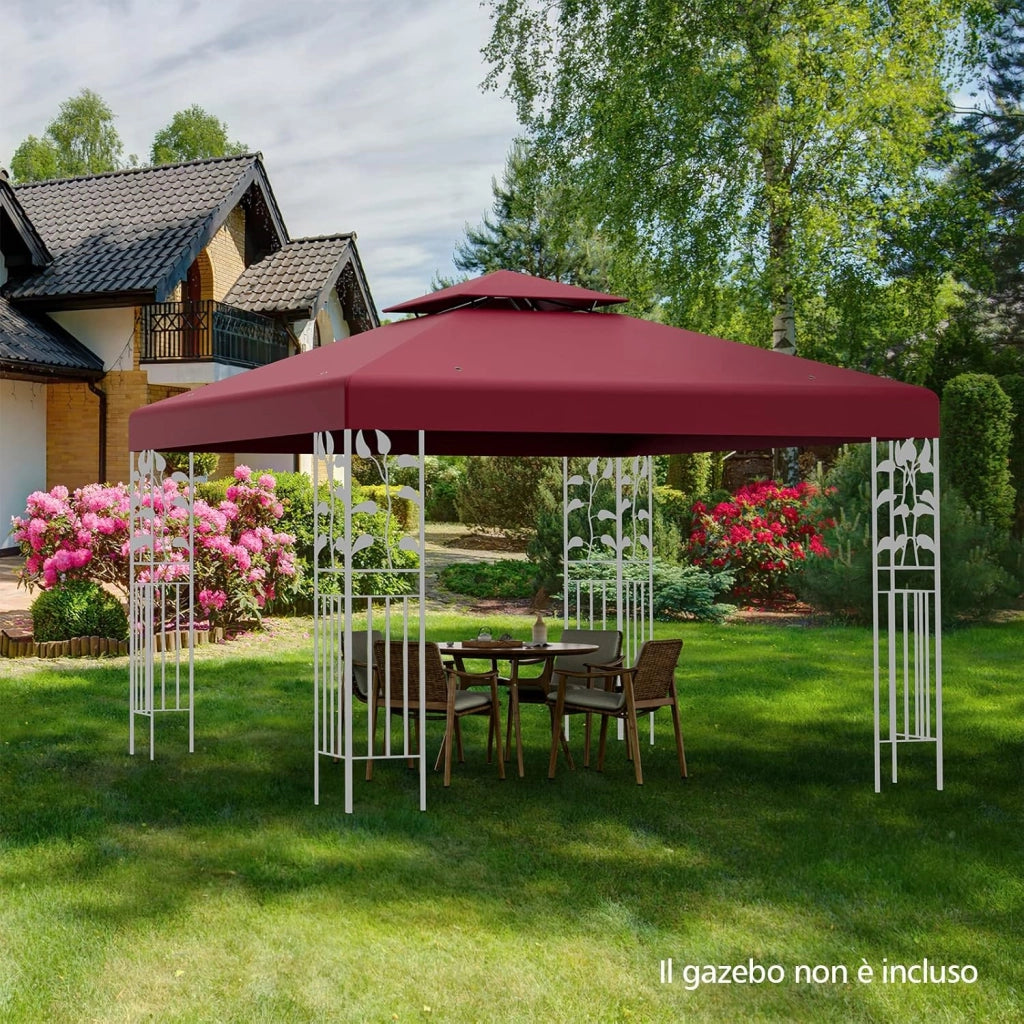Tettoia di Ricambio per Gazebo da 3 x 3 m, Doppio Strato Superiore, Copertura per Gazebo da Giardino con Gancio e Chiusura a Strappo (Vino)