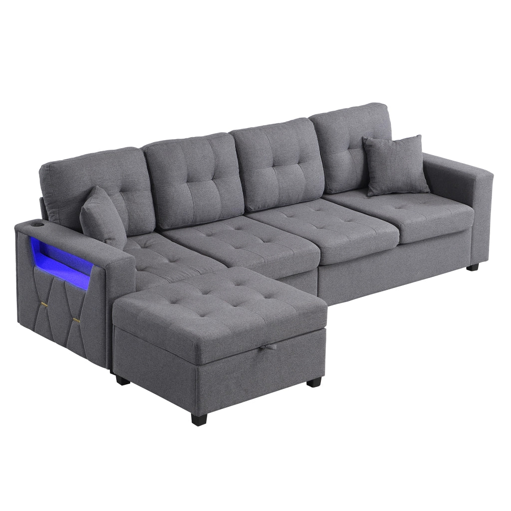 Divano modulare angolare 4 posti - con pouf contenitore; LED e porte USB - in lino - grigio antico