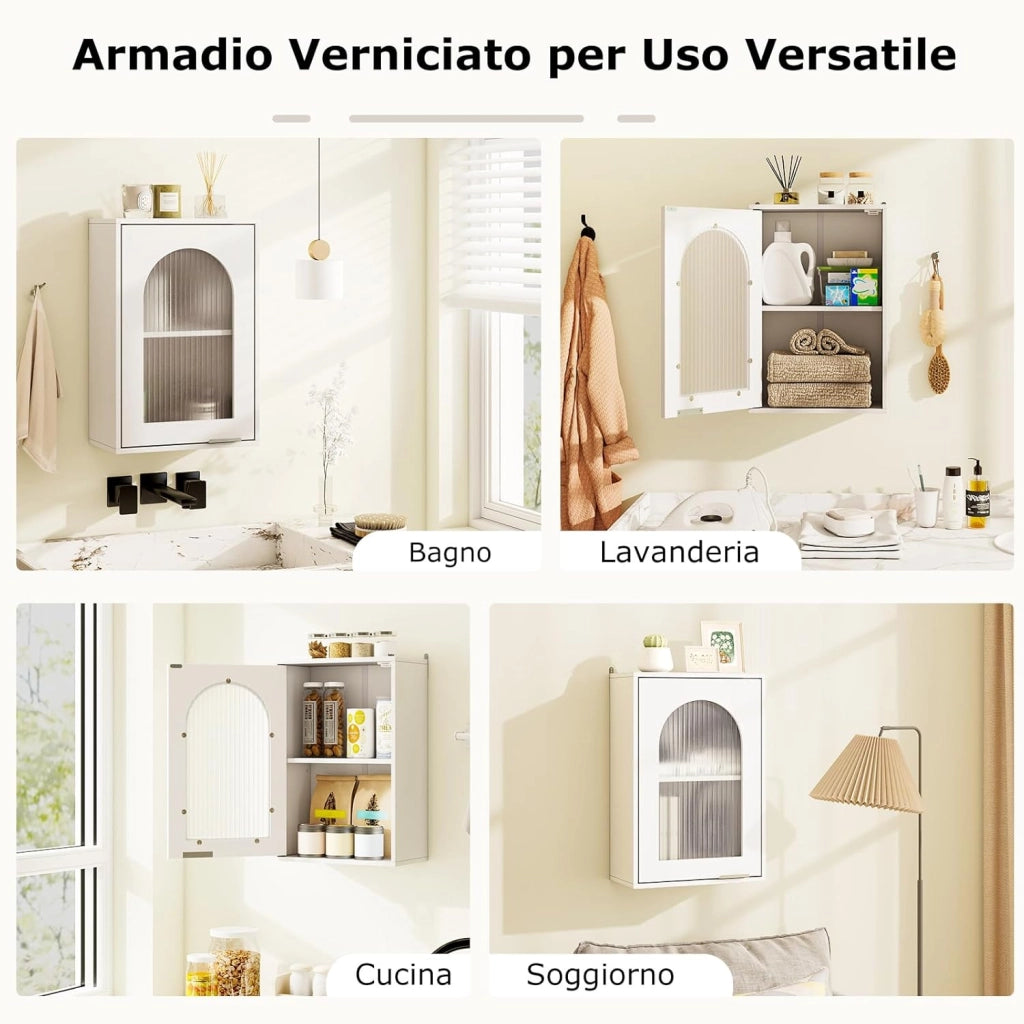 Armadietto da Parete 35 x 20 x 52,5 cm, Mobiletto Salvaspazio con Porta in Vetro Temperato e Ripiano Regolabile, Mobile Cucina per Lavanderia, Soggiorno e Bagno