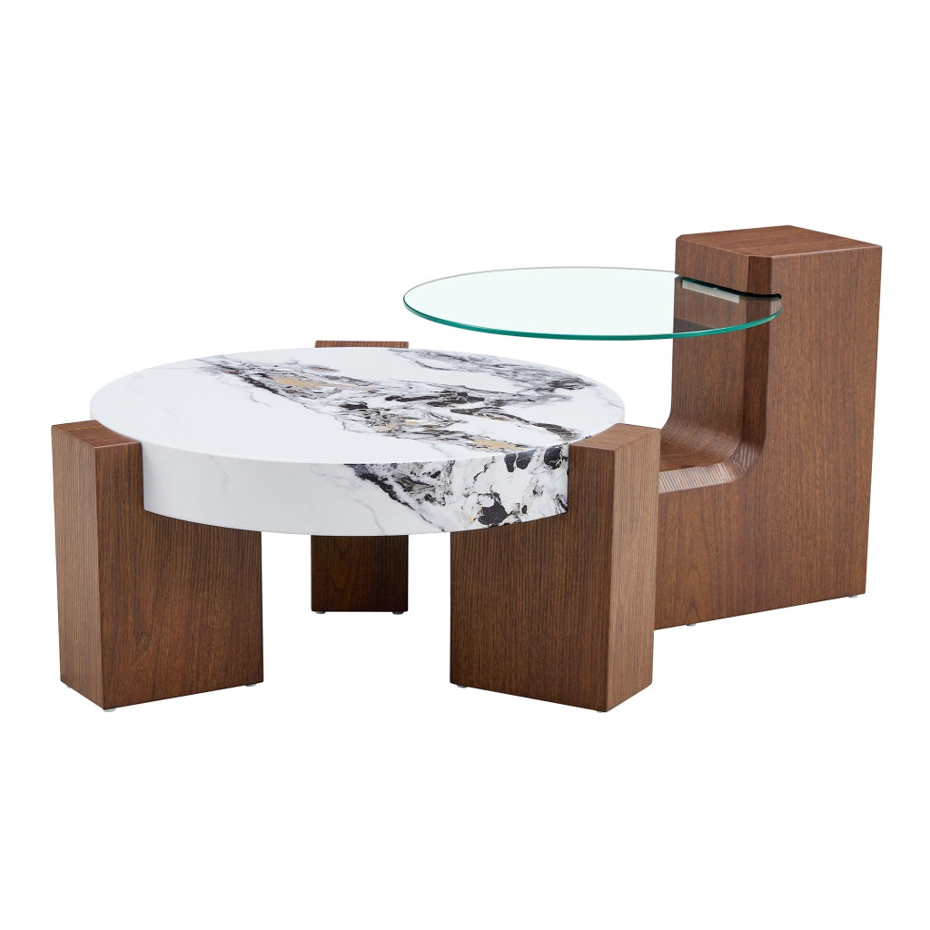 TAVOLINO DA CAFFÈ Set da 2 pezzi rotondo MDF effetto noce bianco marmo vetro