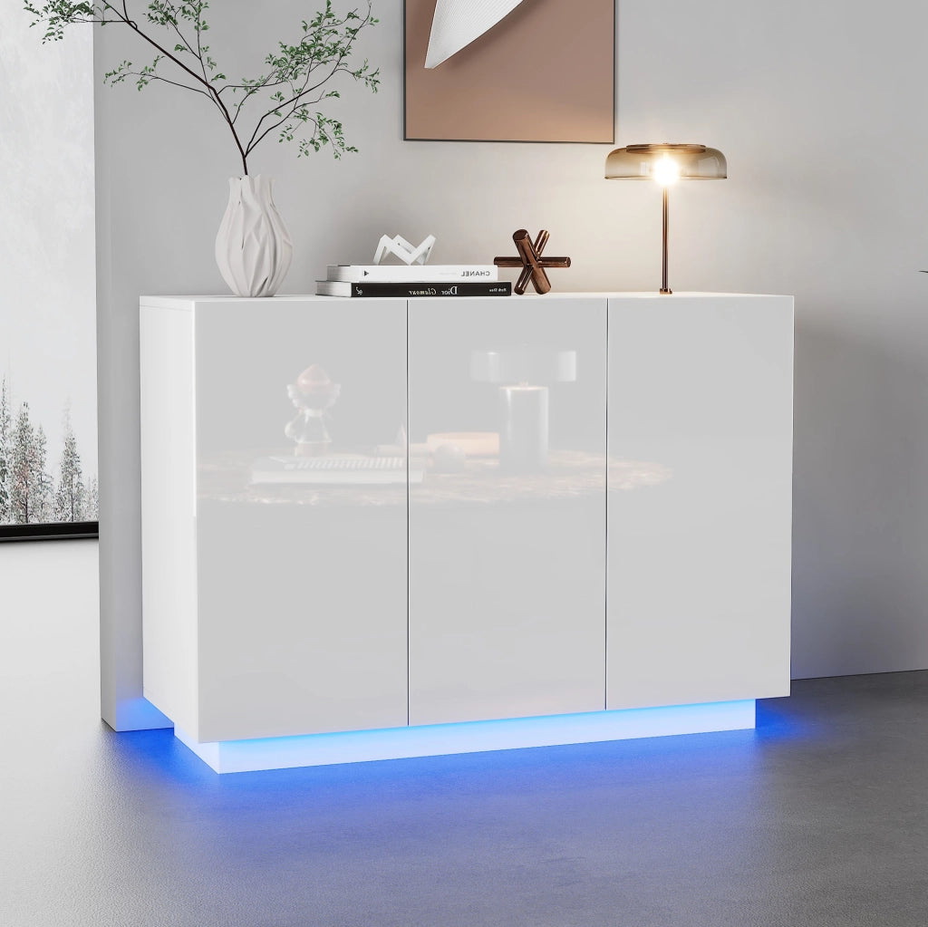 Credenza bianca lucida con luce LED, 120x40x75 cm, in pannello truciolare, con ante regolabili e capacit¨¤ 60 kg