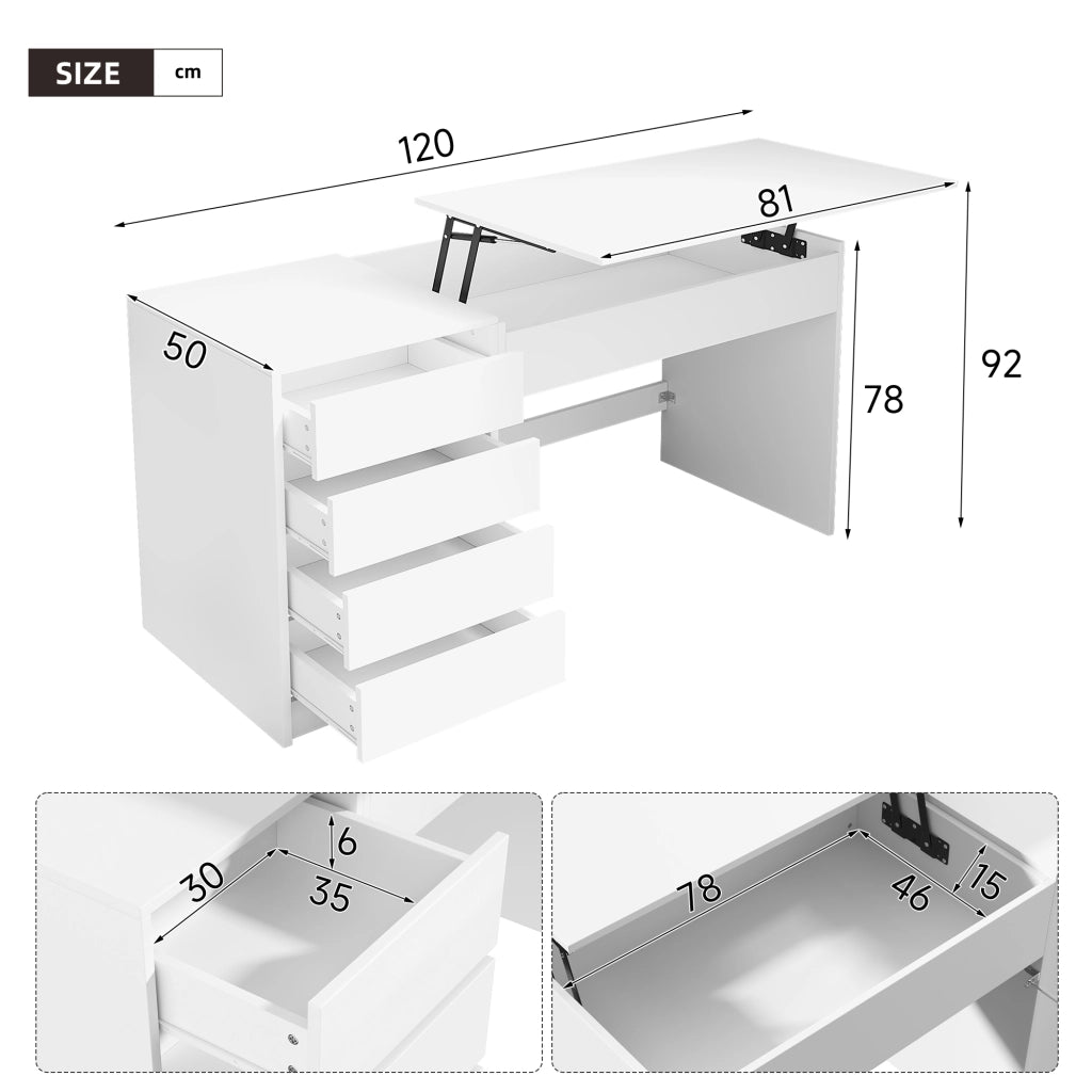 Scrivania bianca regolabile in altezza 120×50 cm con 4 cassetti e vano nascosto