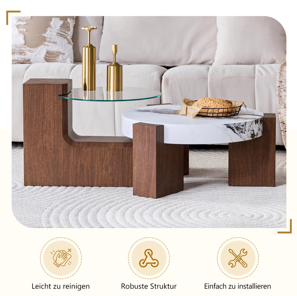 Set di 2 tavolini rotondi in MDF e vetro, noce e marmo