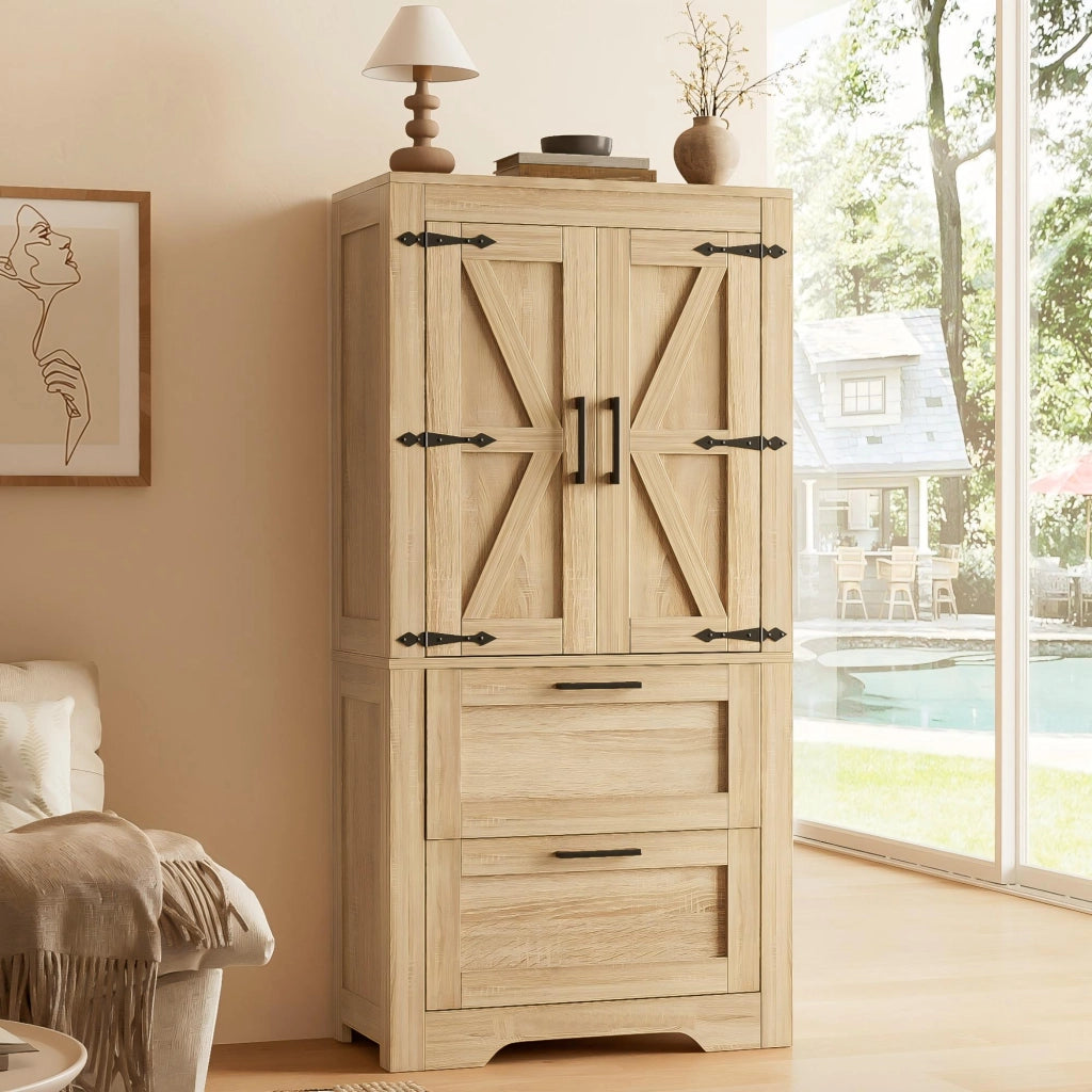 Credenza alta con 2 cassetti e ripiani regolabili; per cucina; in MDF; 60x30x128 cm; naturale