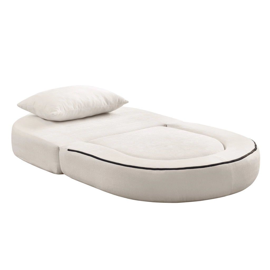 Divano modulare minimalista in ciniglia beige, seduta reversibile e componibile per soggiorno