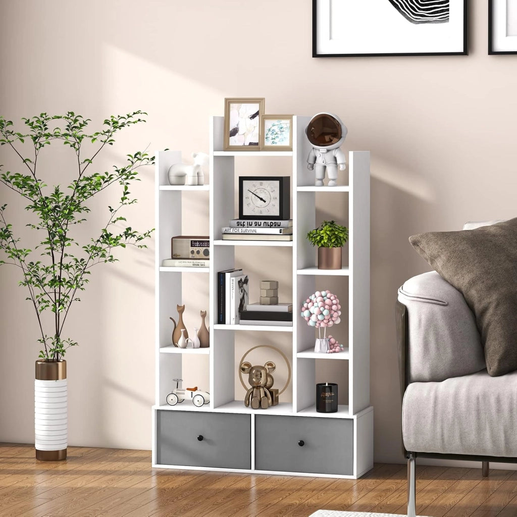 Scaffali portaoggetti a 12 livelli, scaffale in legno, 2 cassetti, scaffale con scomparti aperti, per ufficio, studio, soggiorno, camera da letto, 80 x 24 x 132 cm (bianco)