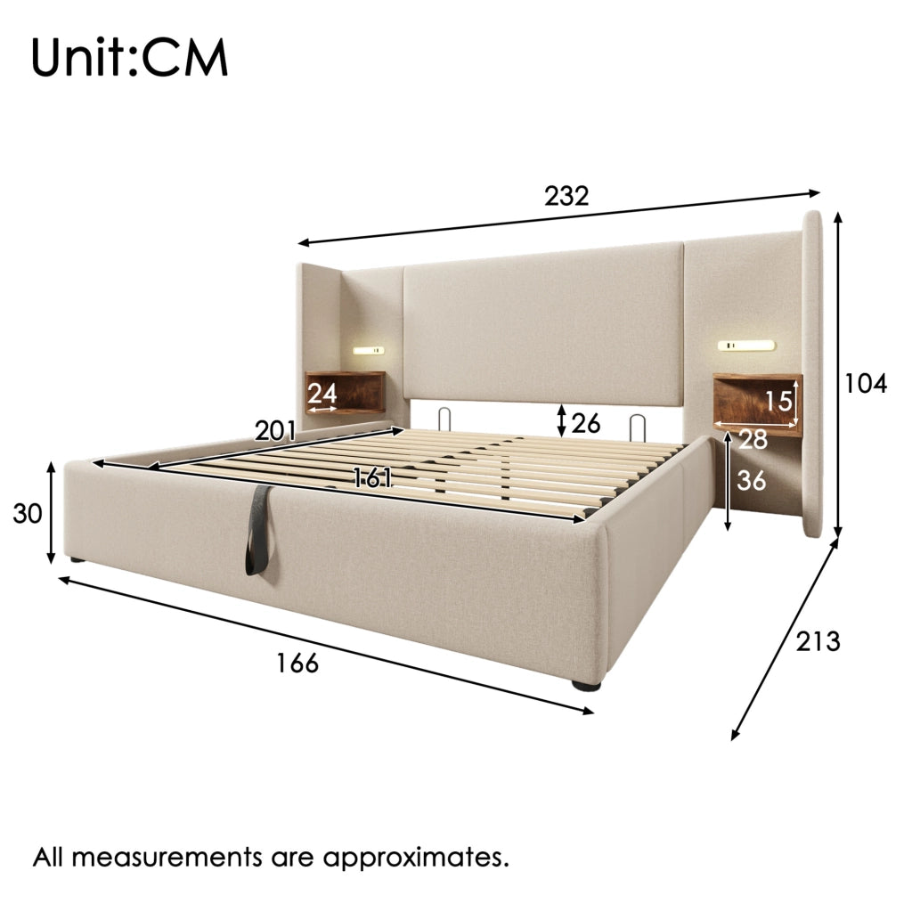 Letto matrimoniale 160x200 cm in lino beige con contenitore; lampada da lettura e porte USB Type-C