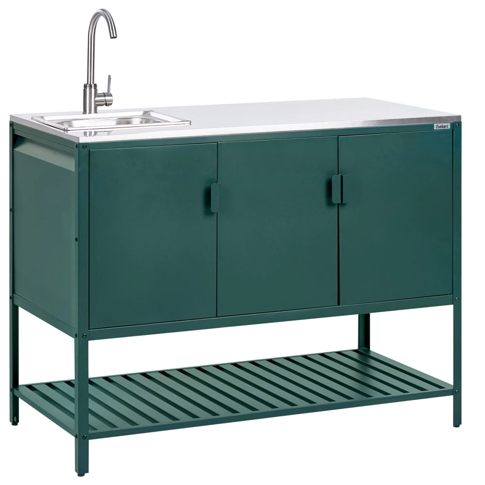 Armadietto da giardino in acciaio a 3 ante con piano in acciaio inox verde giardino cucina esterno