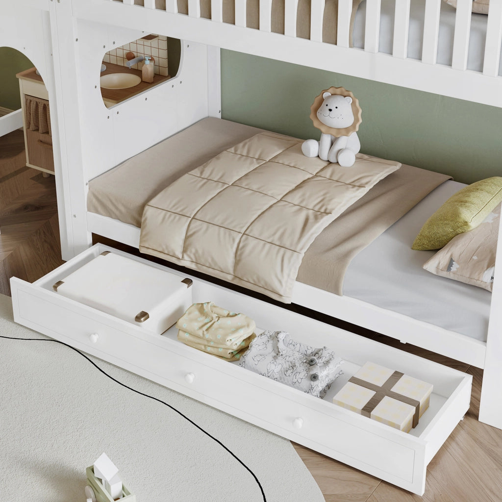 Letto a castello per bambini 90 × 200 cm con scala dritta a 4 gradini, barriere su 4 lati, senza materasso, bianco naturale